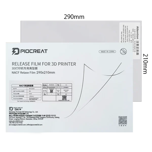 Piocreat NACF Release Film for Resin 3D Printers (290 X 210 mm) | High-Speed Low-Force Composite Film - DigiFabb India